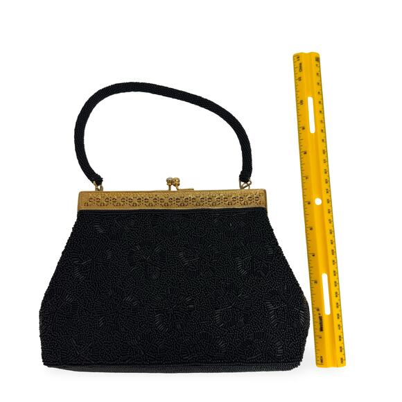 Vintage 1950s Black Beaded Hong Kong Evening Purse Gold Filigree AB Clasp - Picture 5 of 16